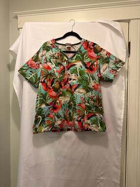 Jasco Uniform Co. Flamingo and Tropical Leaf Print V-Neck Scrub Top